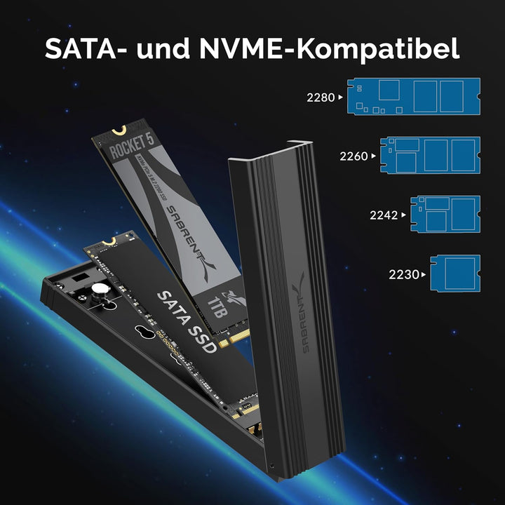 SABRENT M.2 SSD Gehäuse, USB C 3.2 Gen 2 auf NVMe SSD, Aluminium Externes M2 NVMe Adapter, Werkzeugl
