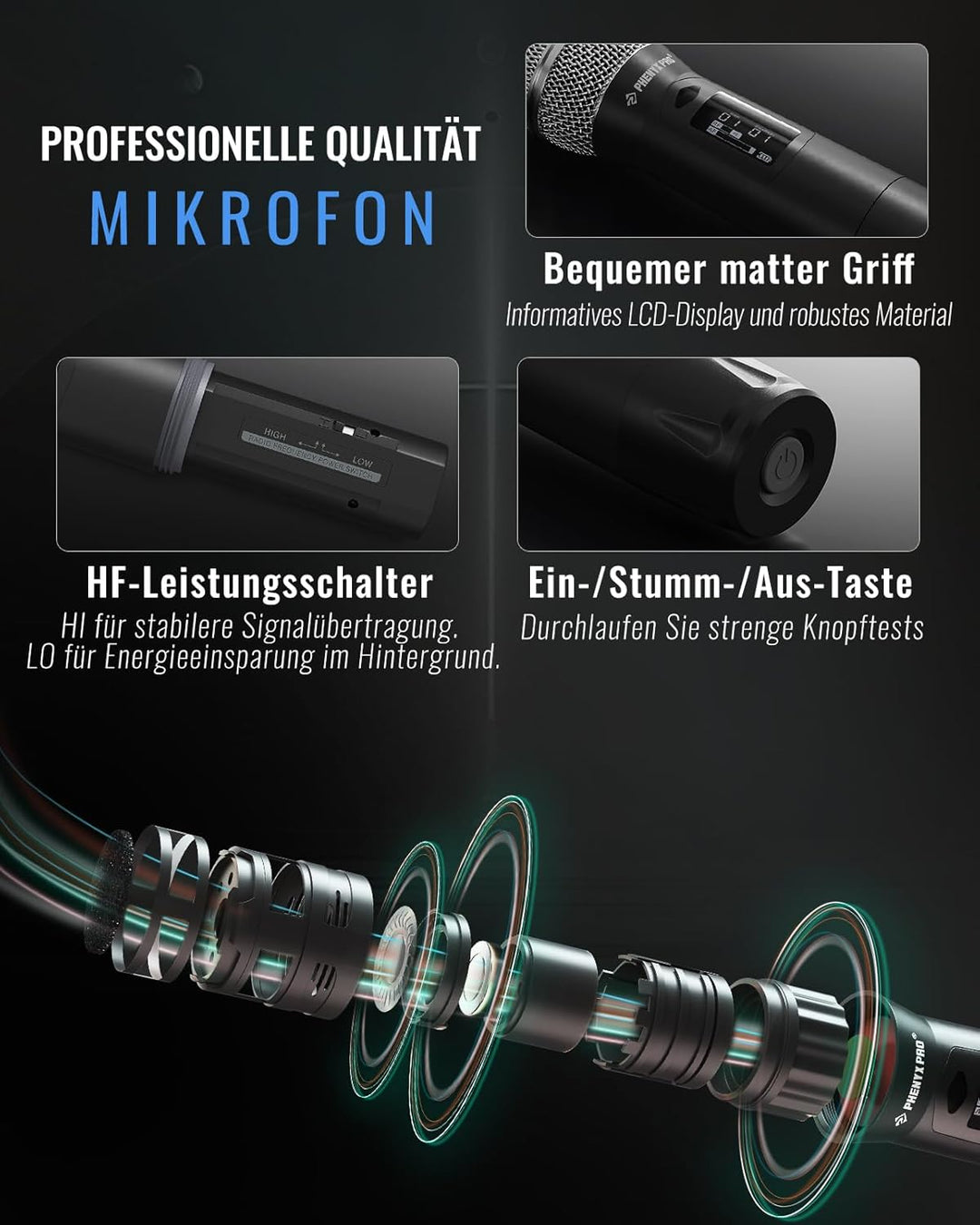 Phenyx Pro True Diversity Wireless Mikrofon System mit 1000 einstellbaren Kanälen, UHF professionell