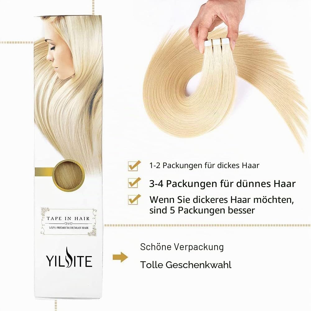 YILITE Tape Extensions Echthaar, Bleichblond 45cm 20 Stück/Packung 50g Tape in Extensions Echthaar I