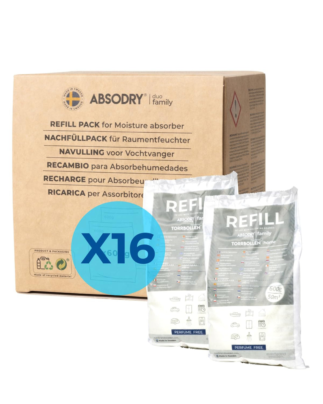 AbsoDry - Luftentfeuchter Nachfüllpack 16x600g - AbsoDry kompatibel - Verhindert Geruch & bindet Feu