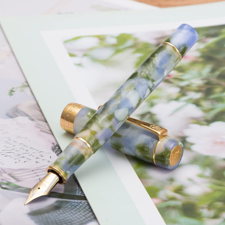 Lanxivi Jinhao Classic Füllfederhalter Blau Grün Zelluloid, feine Feder mit Konverter und Stiftetui-