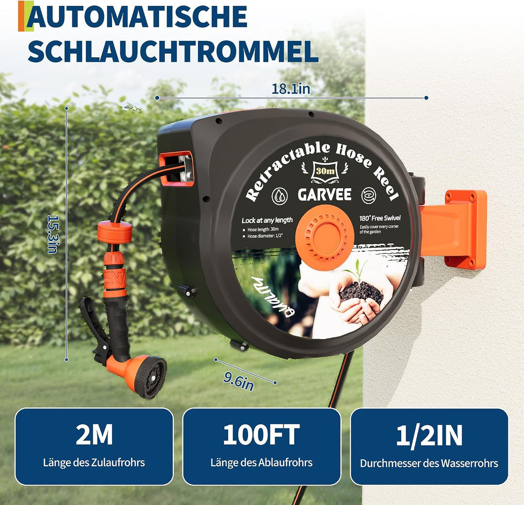 Gartenschlauch Aufroller,30M Wandschlauchbox,Automatische Schlauchtrommel 10 Einstellbare Schlauchau