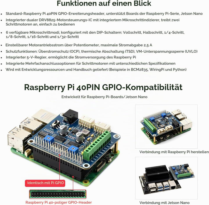 Waveshare Stepper Motor HAT for Raspberry Pi Drives Two Stepper Motors Up to 1/32 Microstepping