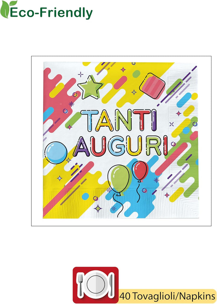 Partygeschirr Party-Set Tanti Auguri Fun für 24 Personen (88 pcs: 24 Pappteller Ø23cm, 24 Becher 250