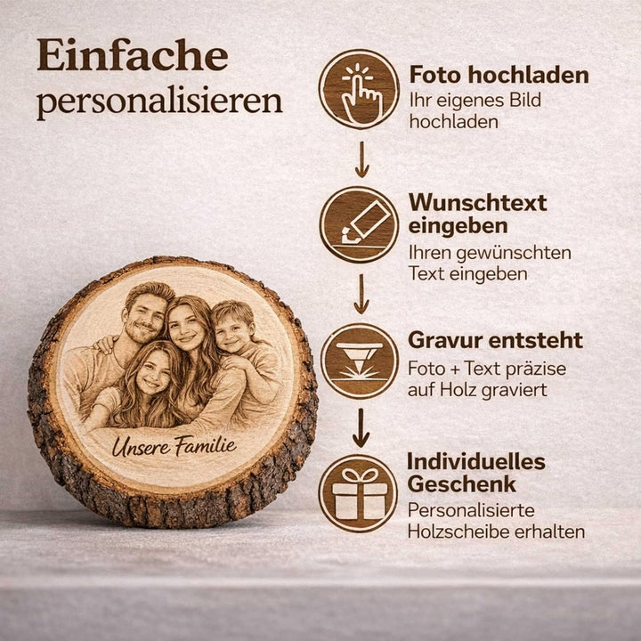Personalisierte Holzscheibe mit Foto und Wunschtext - 13-15 cm - gravierte Baumscheibe aus Erlenholz
