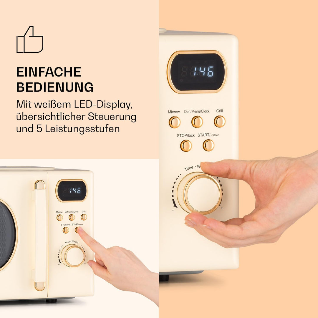 Klarstein Mikrowelle mit Grill, 800 Watt Mikrowelle Klein, 3-in-1Edelstahl-Mikrowelle Creme, Kleine