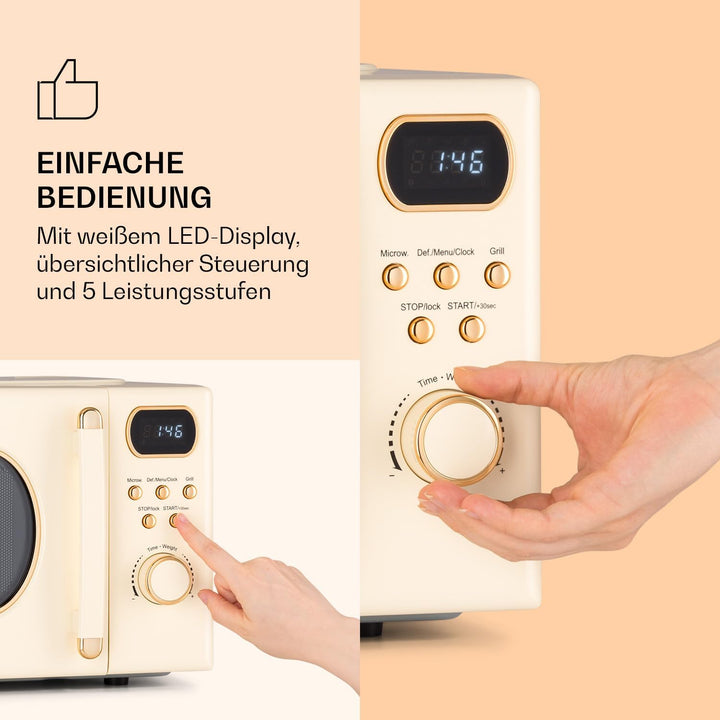 Klarstein Mikrowelle mit Grill, 800 Watt Mikrowelle Klein, 3-in-1Edelstahl-Mikrowelle Creme, Kleine