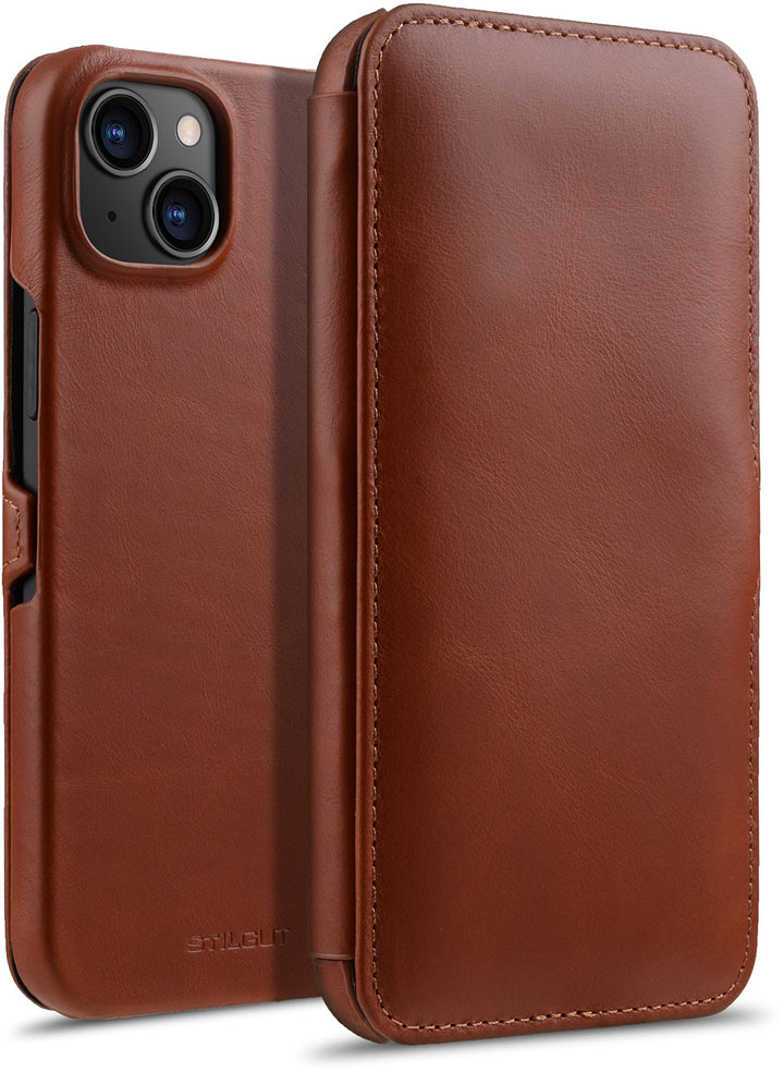 STILGUT Book Case kompatibel mit iPhone 14 Plus (6.7") Hülle aus Leder mit Clip-Verschluss, Klapphül