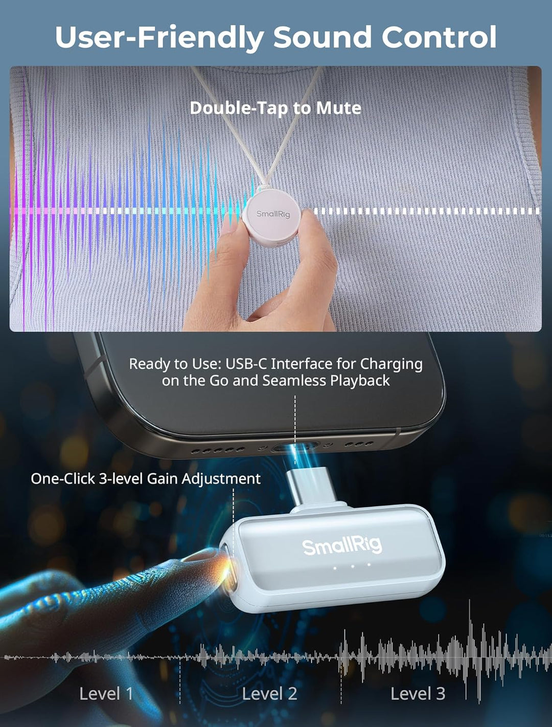 SMALLRIG S60 Kabellos Lavalier Mikrofon mit USB C Handy Mikrofon für iPhone, Android, Mini-Mikrofon