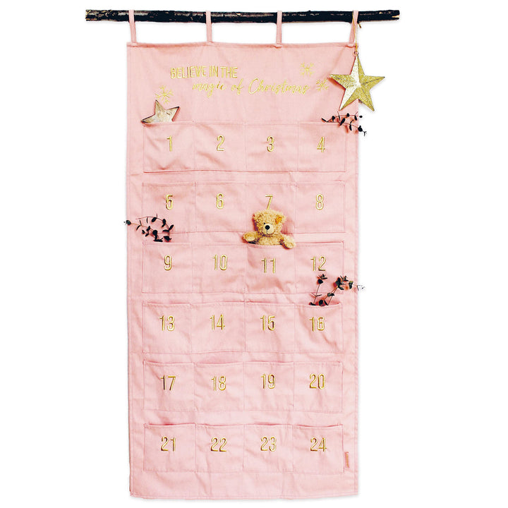 Papierdrachen Adventskalender 2023 als Wandkalender aus Stoff zum Befüllen - rosa &amp; gold - hochwerti
