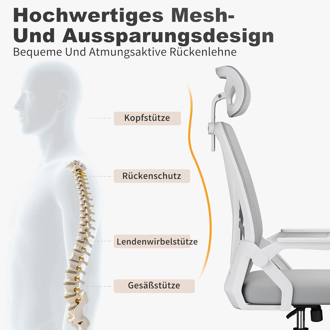 naspaluro Ergonomischer Bürostuhl, Schreibtischstuhl mit 90° Klappbaren Armlehnen, Einzigartige Lend