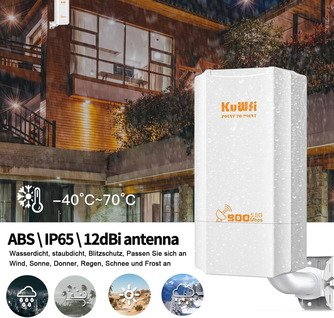 KuWFi Point to Point WLAN Bridge Outdoor, 5GHz, 867Mbps, PtP&PtMP, 2km Reichweite, PoE-betrieben, IP