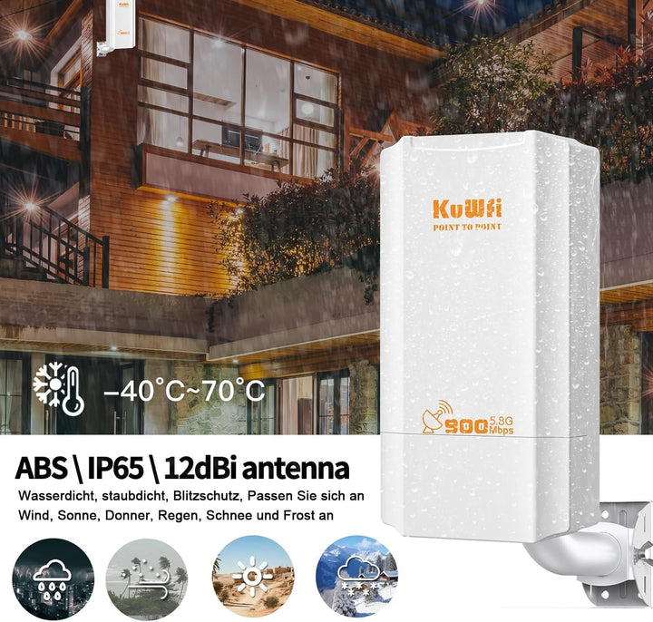 KuWFi Point to Point WLAN Bridge Outdoor, 5GHz, 867Mbps, PtP&PtMP, 2km Reichweite, PoE-betrieben, IP