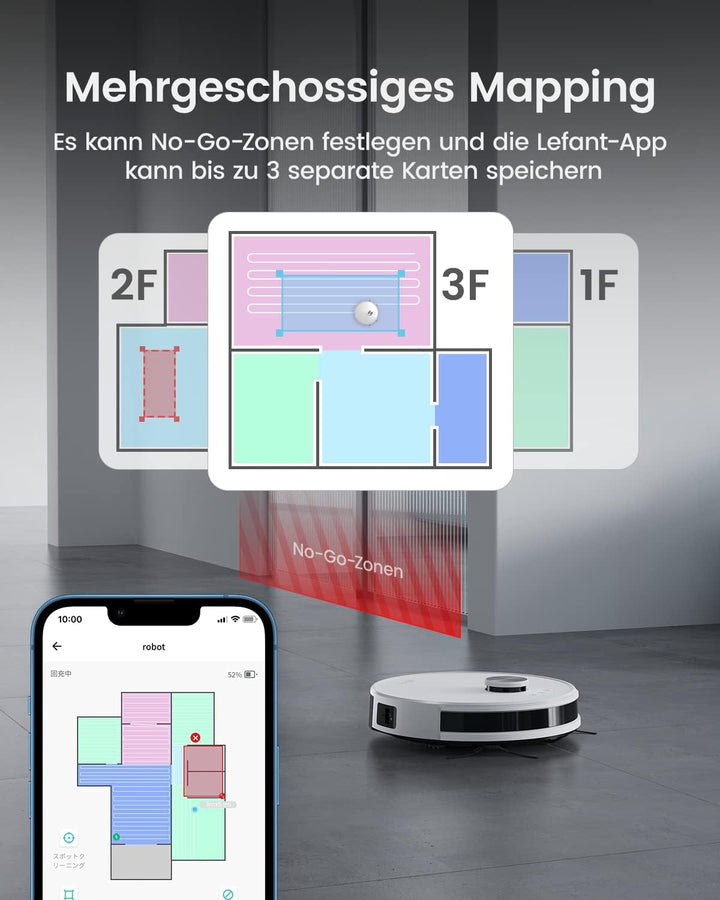 LEFANT M1 Staubsauger Roboter, Mehrstufiges Mapping Saugroboter mit Wischfunktion No-Go-Zonen, 5500P