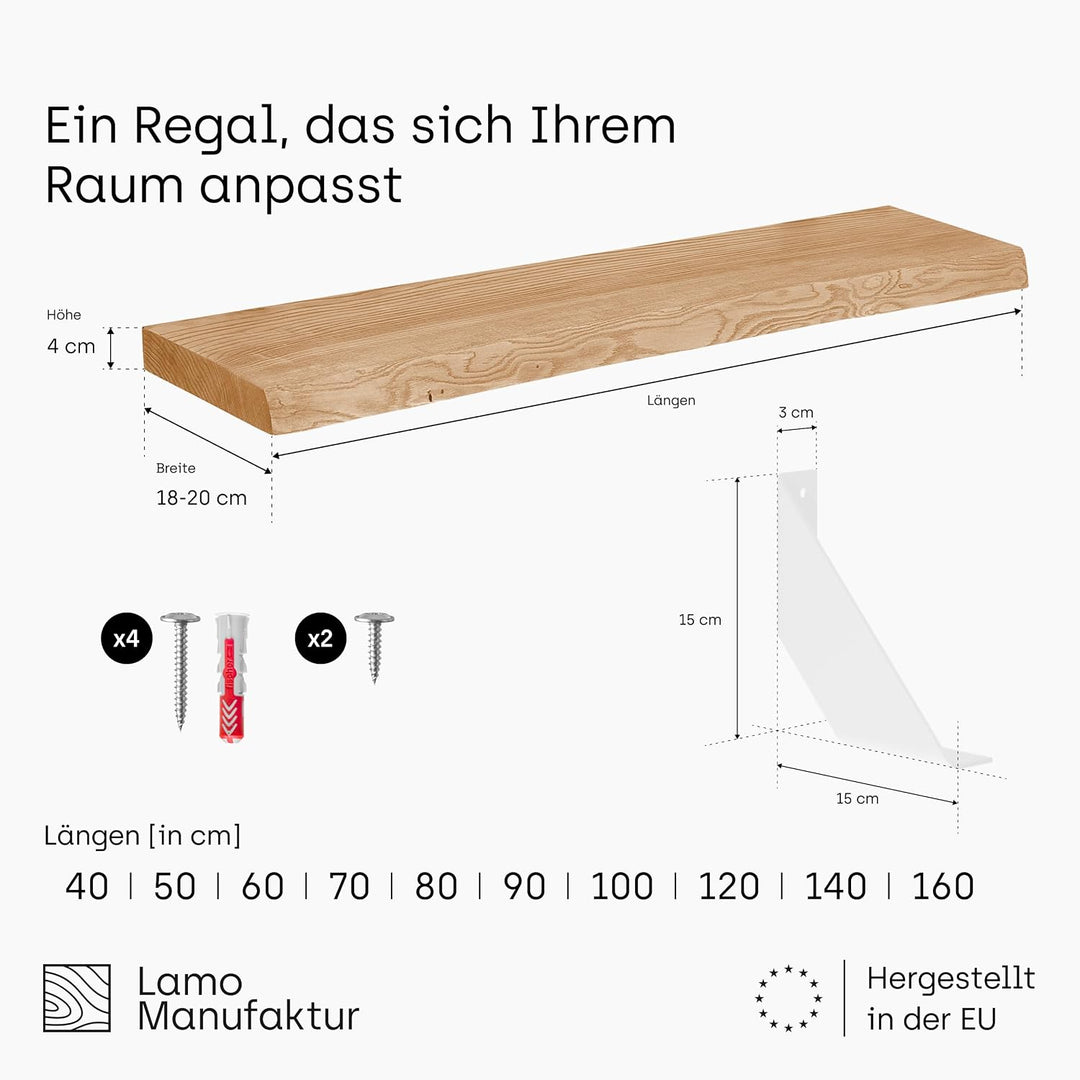 LAMO Manufaktur Holzregal mit weissen V-förmigen Halterungen | Wand Regal 100 cm breit für Wohnzimme