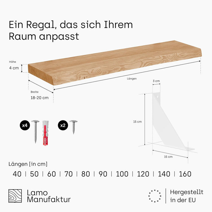 LAMO Manufaktur Holzregal mit weissen V-förmigen Halterungen | Wand Regal 100 cm breit für Wohnzimme