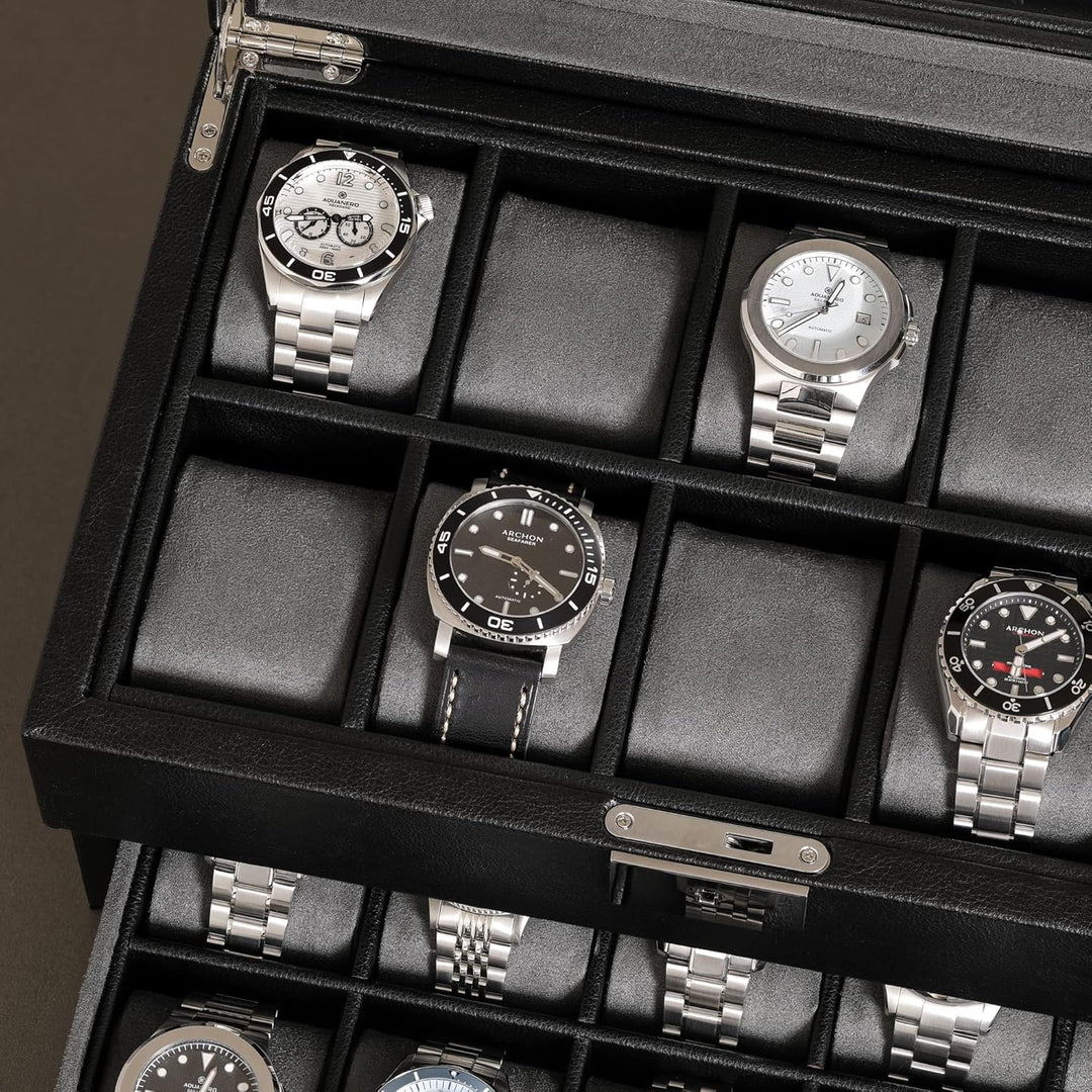 ROTHWELL Uhrenbox aus Leder mit 20 Fächern, luxuriöses Uhrengehäuse, Schmuck-Organizer, verschliessb
