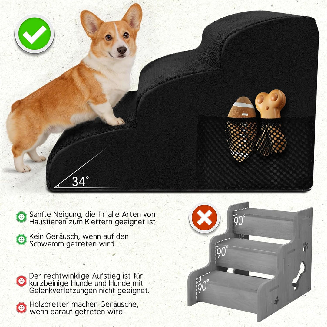 Hundetreppe für Kleine Hunde, Haustiertreppe 3 Stufen, Hochdichtem Schwamm Hundetreppen 40cm Hoch, H