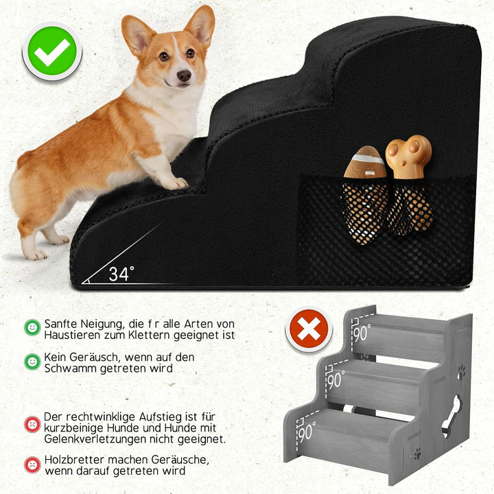 Hundetreppe für Kleine Hunde, Haustiertreppe 3 Stufen, Hochdichtem Schwamm Hundetreppen 40cm Hoch, H