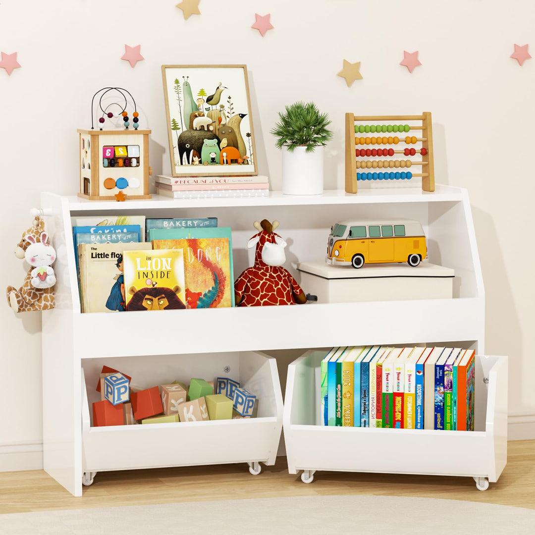 Kinderregal mit Boxen auf Rollen, Spielzeug Aufbewahrung, Kinderschrank Holz, Spielzeugregal Möbel f