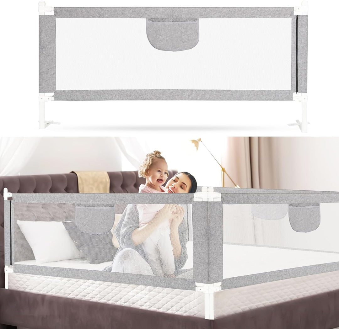 Fiqops Bettgitter Rausfallschutz 180cm Höhenverstellbar 64-96cm, Bettschutzgitter Kinderbettgitter m