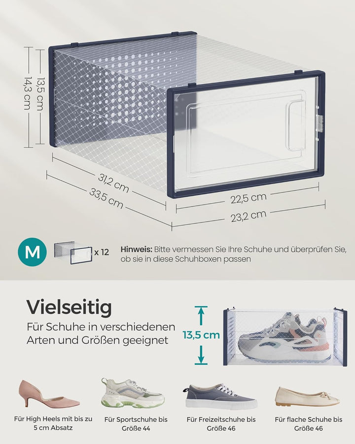 SONGMICS Schuhboxen, 12er Set, Schuh-Organizer aus Kunststoff, faltbar und stapelbar, für Schuhe bis