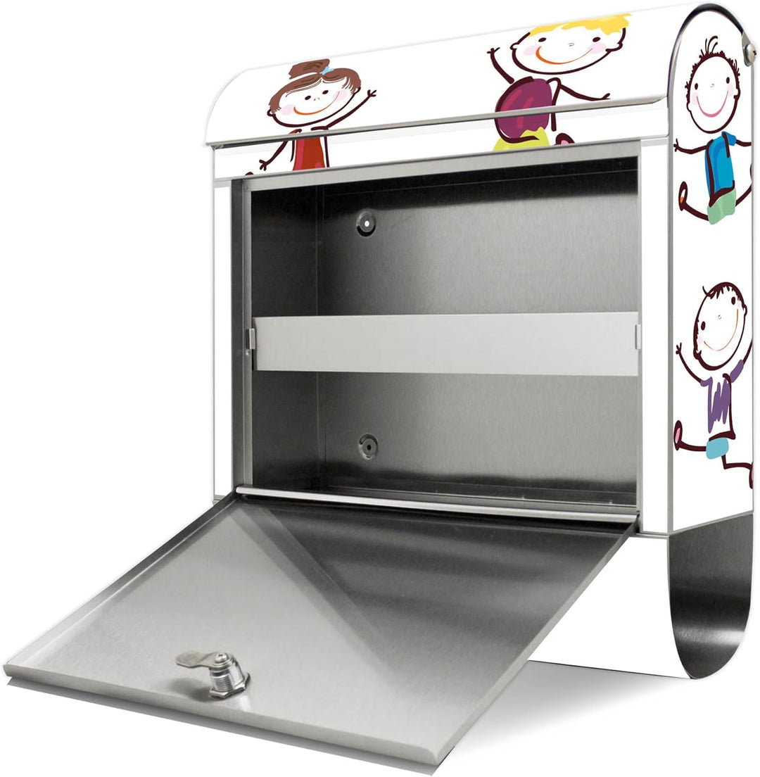 banjado® Briefkasten Edelstahl mit Motiv Happy Kids 38x43x12cm &amp; 2 Schlüssel - rostfreier Edelstahl