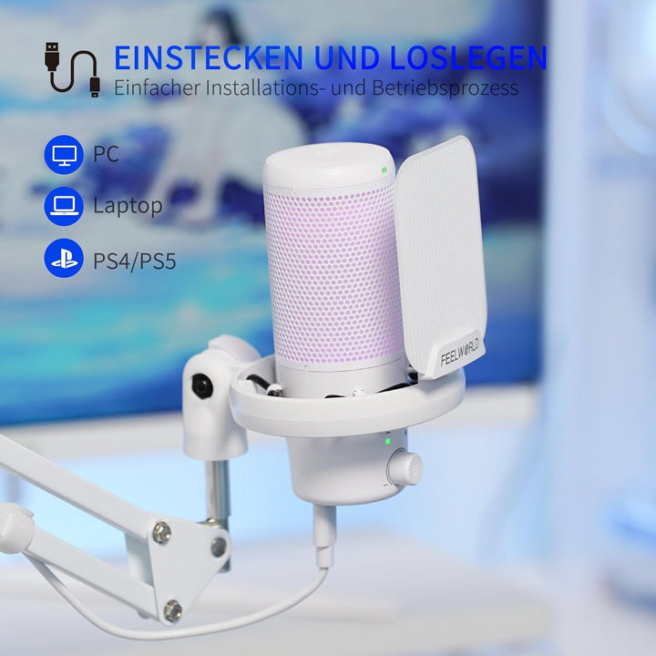 FEELWORLD VM1 USB-Gaming-Mikrofon mit Kragarmständer für die Aufnahme von Podcasts, Videospielen, St