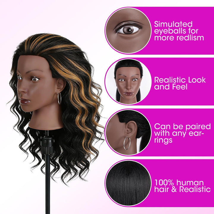 Frisierkopf 100% Echthaar Friseurkopf, TopDirect Übungskopf 22 Zoll 55cm Echthaar Kopf, Frisieren Tr