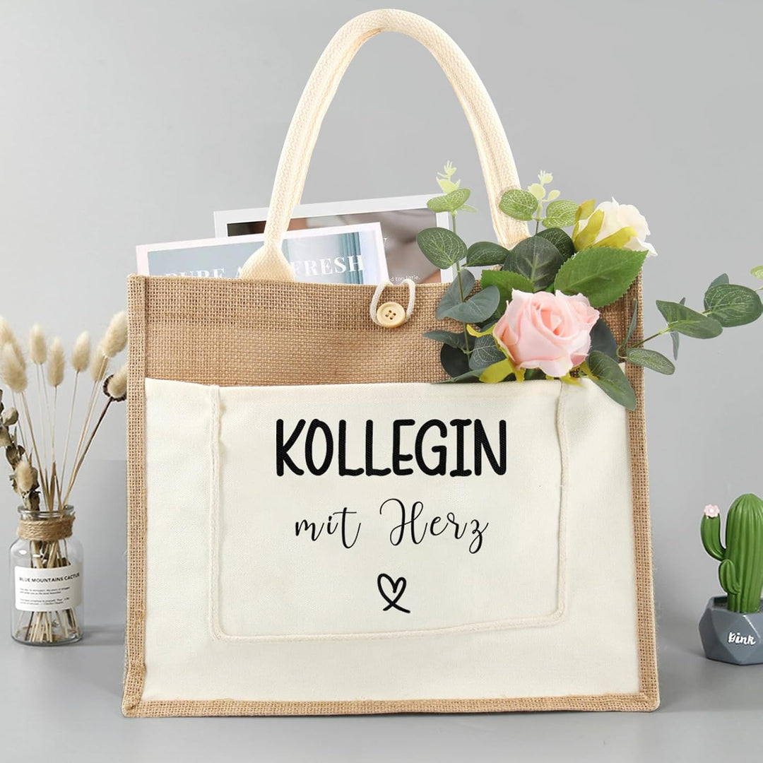 Jutetasche Kollege Geschenk Jute Shopper Bag, Jute Einkaufstasche mit Kollegin Herz, Jutebeutel als