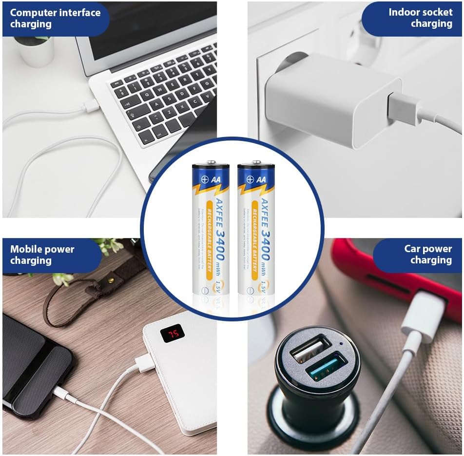 AXFEE Wiederaufladbare Lithium AA Akku, 4 Stück 1.5V 3400mWh USB-C AA Akkus Lithium mit 2-in-1 Ladek