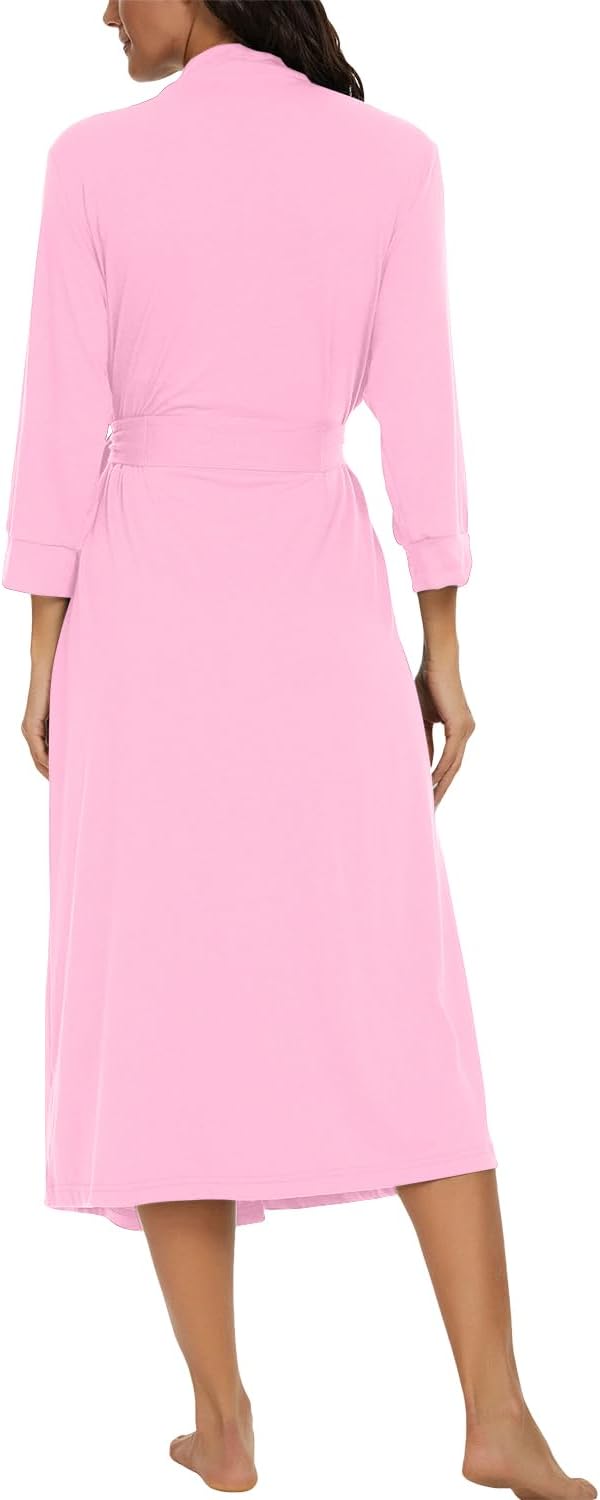 PrinStory Damen Bademantel Leichter 3/4 Ärmeln Morgenmantel V-Ausschnitt Kimono Roben Langes Nachtwä
