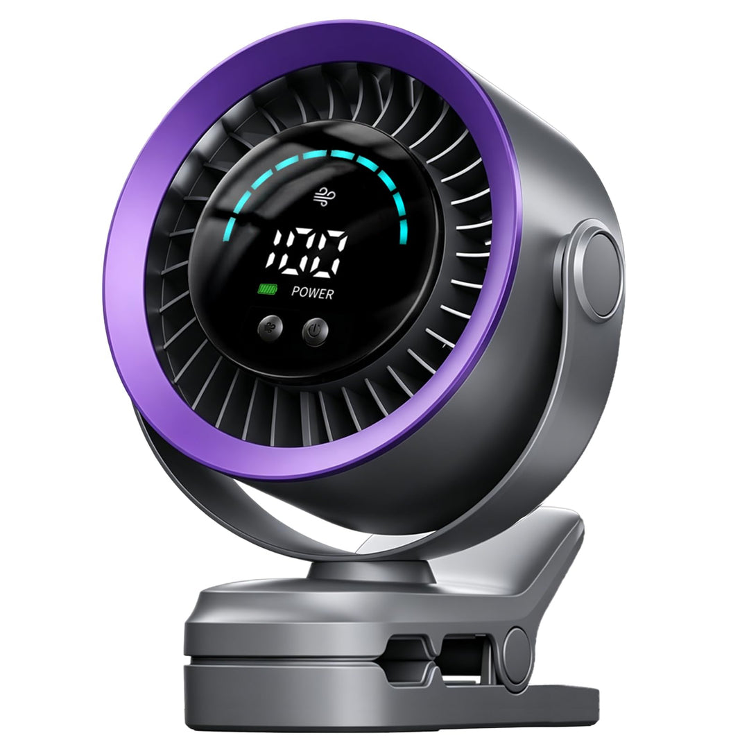 Clip Ventilator, Tragbarer Tischventilator Akku, 5 Geschwindigkeiten Leise Ventilator mit LED Displa