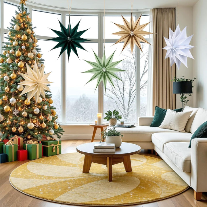 SUNBEAUTY 5 Stück Papiersterne zum Aufhängen 29cm Beige,Papiersterne Weihnachten Zwölf Ecken Weihnac