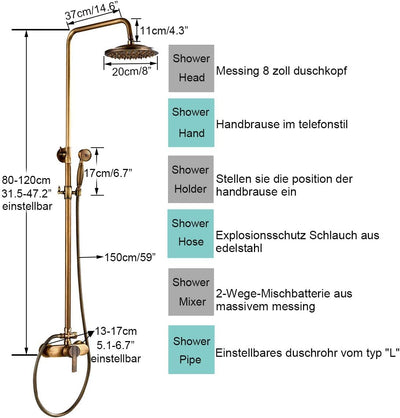Rozin Antik Messing Duschsystem mit 8 Zoll Regendusche Duschkopf und Handbrause Einzelgriff Fertig a
