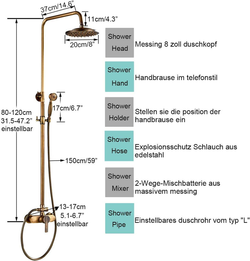 Rozin Antik Messing Duschsystem mit 8 Zoll Regendusche Duschkopf und Handbrause Einzelgriff Fertig a