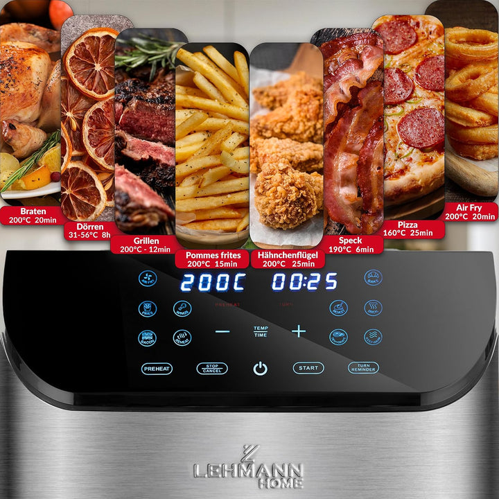 Lehmann Friteuse Heissluft XXL 1800 W, Heissluftfritteuse 8L mit bis zu 10 Programmen, Air Fryer mit