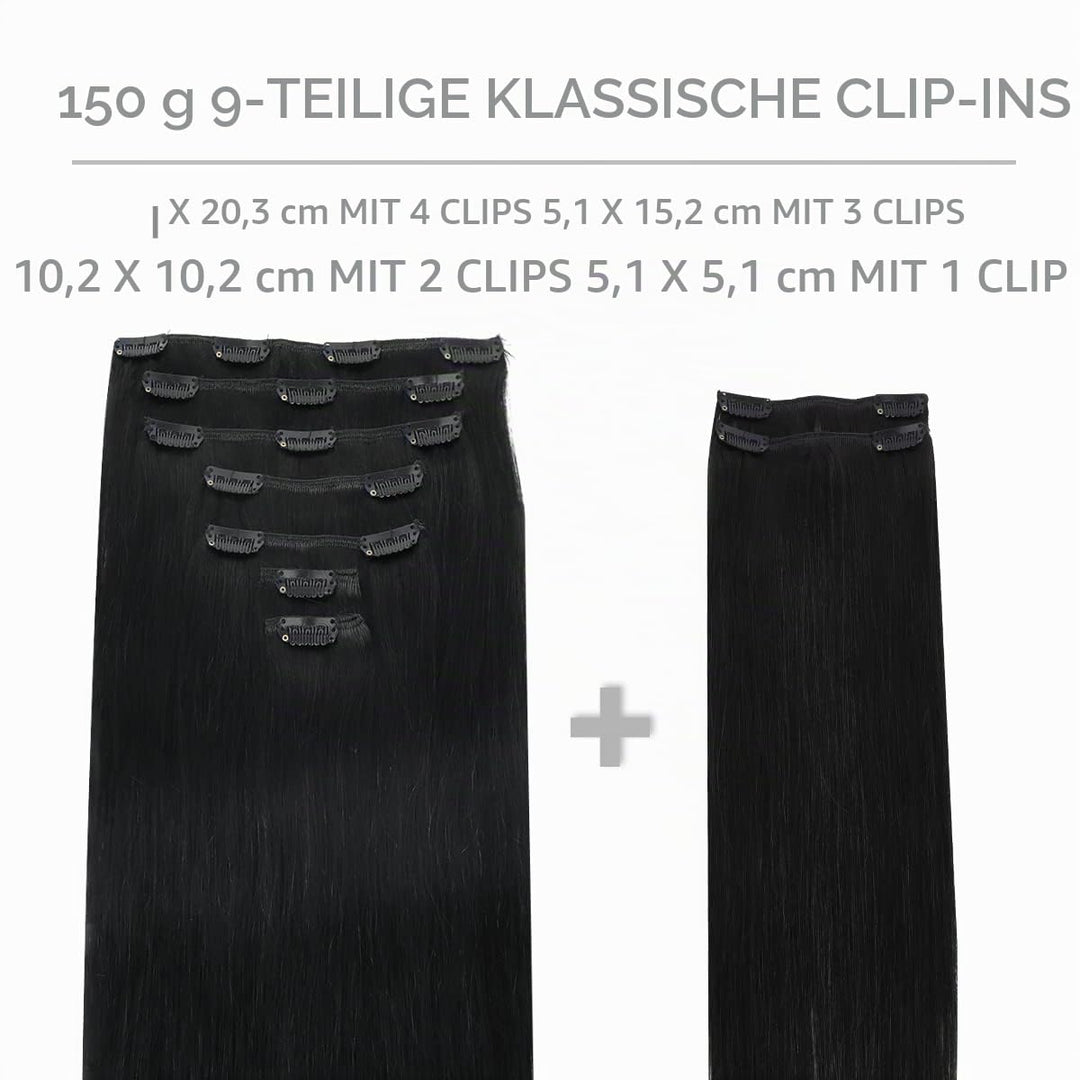 WENNALIFE Clip In Extensions Echthaar, 150g 60cm 9pcs Tief Schwarz Clip In Extensions Hair Extension