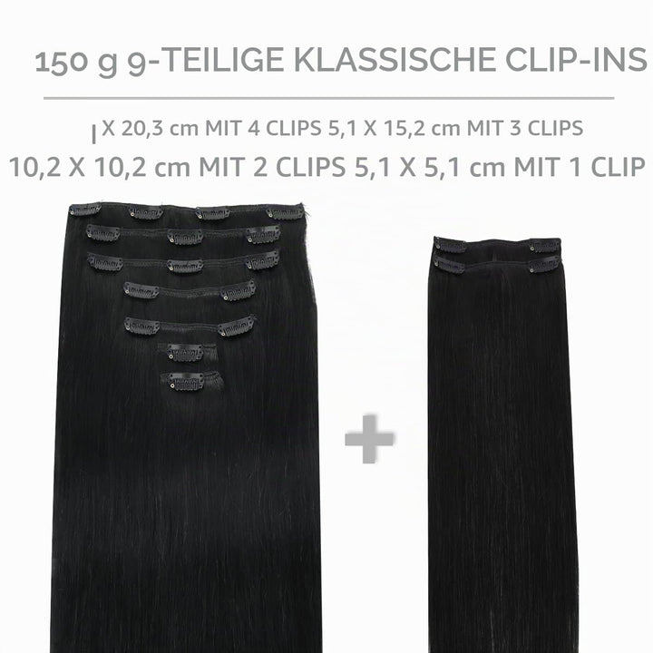 WENNALIFE Clip In Extensions Echthaar, 150g 60cm 9pcs Tief Schwarz Clip In Extensions Hair Extension