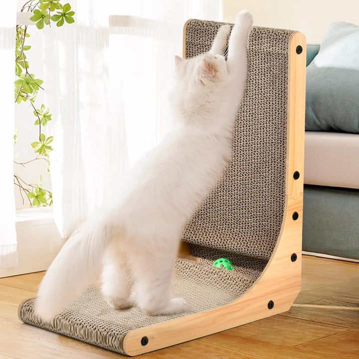 Kratzbrett Katzen Kratzpappe,47cm Hohe L-Förmiges Katzen Kratzbrett,Katzenkratzbrett mit Ballspielze