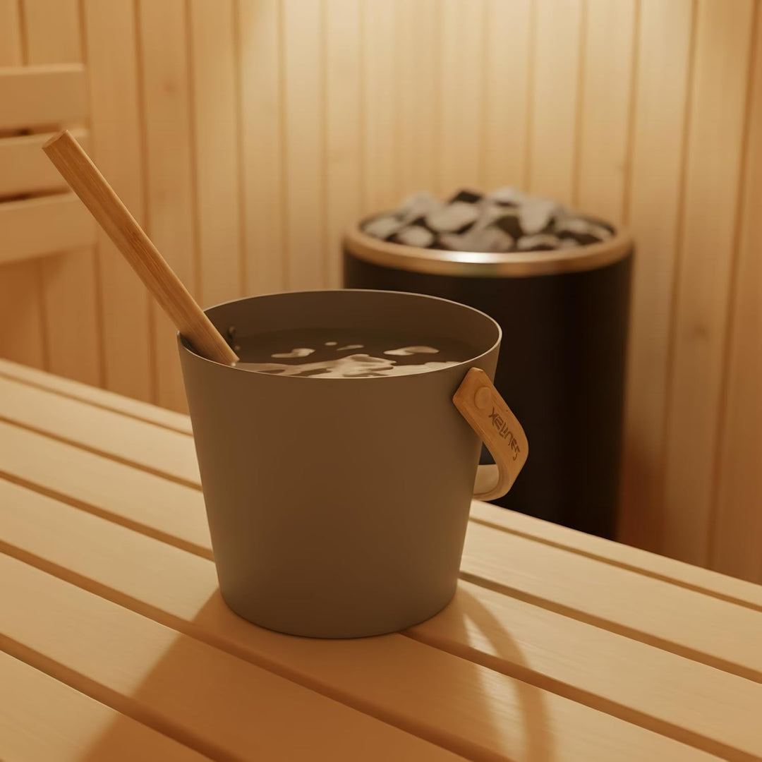 Sauna Zubehör Set: 4L Aluminium Eimer und 42cm Kelle, Bambusgriffe (Taupe), Taupe