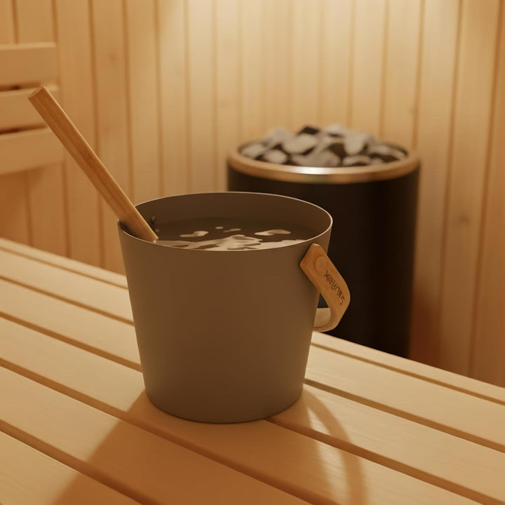 Sauna Zubehör Set: 4L Aluminium Eimer und 42cm Kelle, Bambusgriffe (Taupe), Taupe