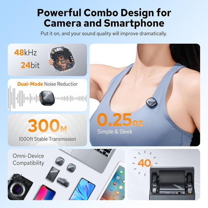 Godox Cube C Combo Kit2, Microphone Wireless Kompatibel für Kamera/Smartphone/iPhone, Rauschunterdrü
