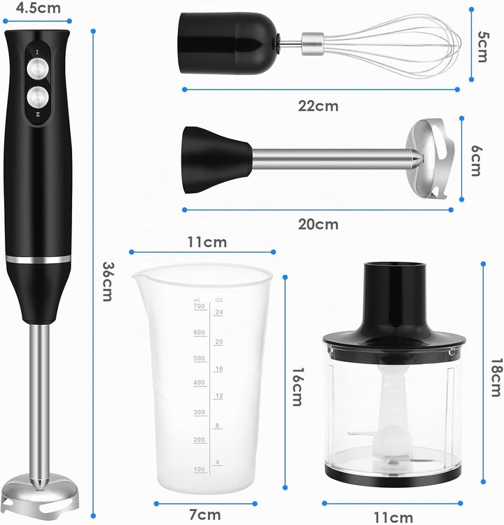 4-In-1 Elektrische Stabmixer, 500 W Pürierstab mit 2 Geschwindigkeiten, Stabmixer Edelstahl Schneebe