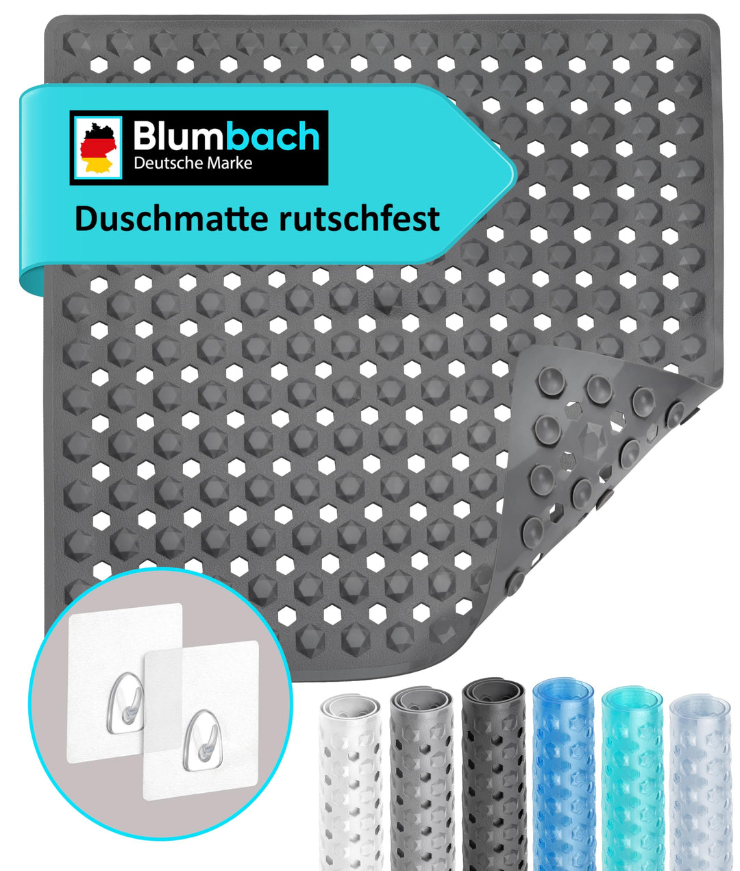 Blumbach® Duschmatte rutschfest 53x53cm - 100% BPA-frei - Inkl. 2 Haken zum Aufhängen - griffige Ant