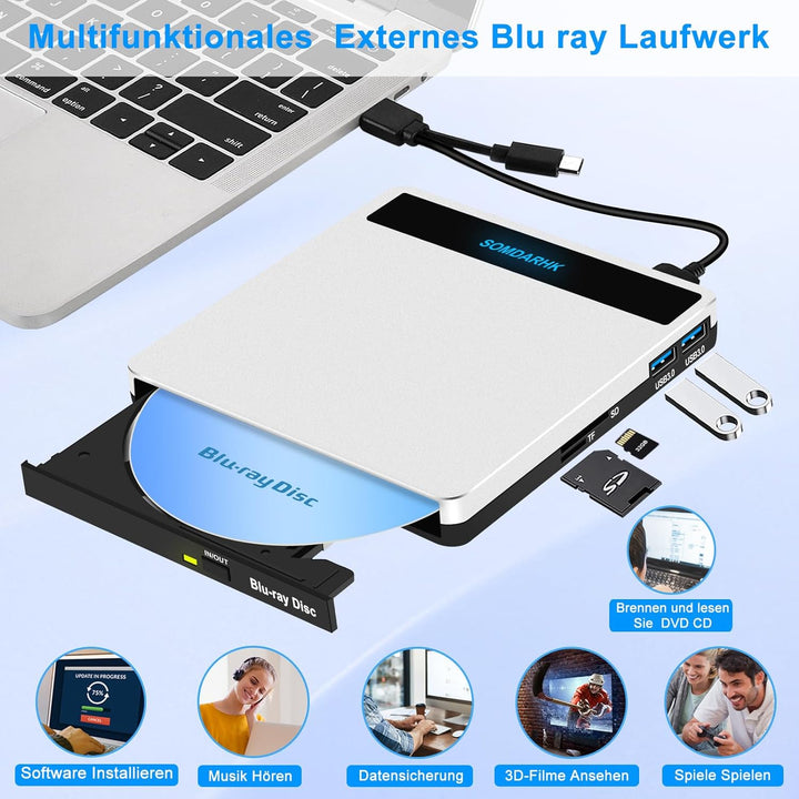SOMDARHK Externes Blu Ray Laufwerk, USB 3.0 Type C Externer CD DVD Brenner mit SD/TF Slot & 2 USB, T
