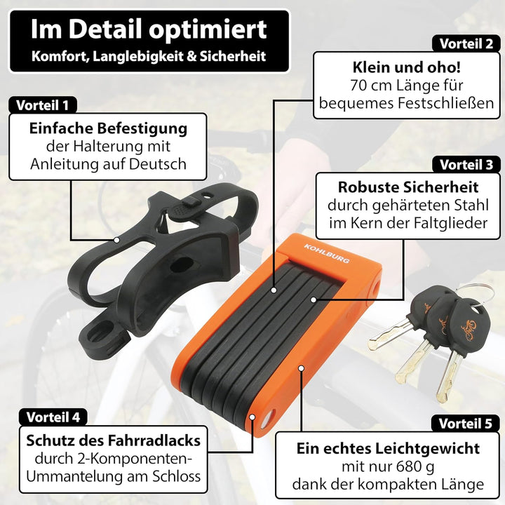 KOHLBURG leichtes & kleines Faltschloss - 690g leicht & 70cm lang - sicheres Fahrradschloss aus gehä