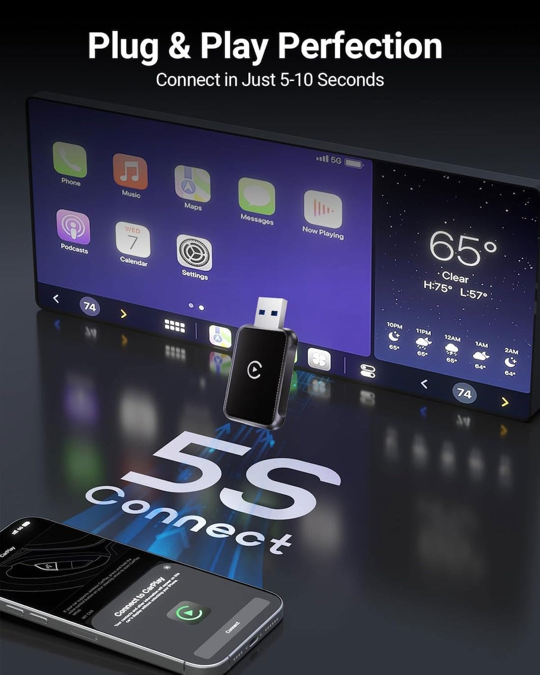 Wireless CarPlay Adapter& Android Auto,Kabelloser USB-Dongle für Autos,Plug & Play, Schnelle Stabile