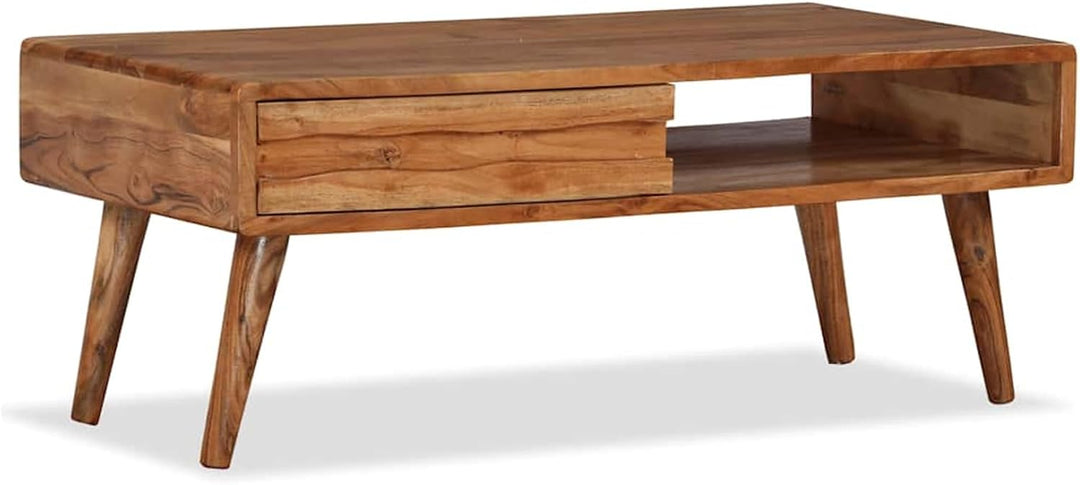 Tidyard Kaffeetisch Couchtisch aus Massivholz mit 1 Geschnitzte Schublade, 100 x 50 x 40 cm (L x B x