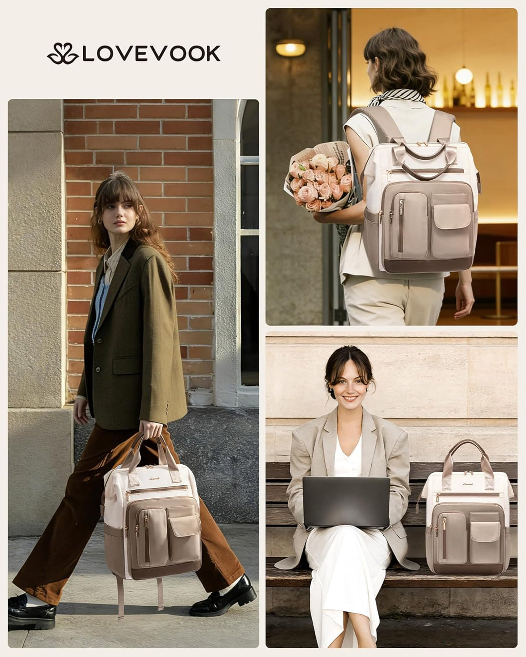 LOVEVOOK Rucksack Damen, 15,6 Zoll Laptop Schulrucksack Wasserdicht Mit 20 Taschen und Grossem Fach